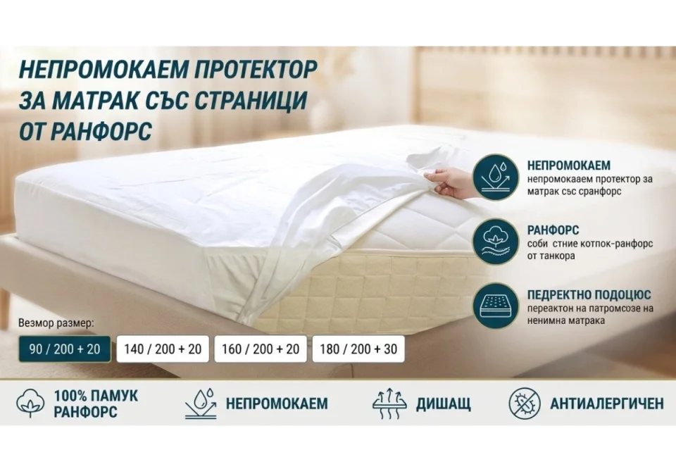 Възглавници и протектори Непромокаем протектор за матрак с борд от ранфорс